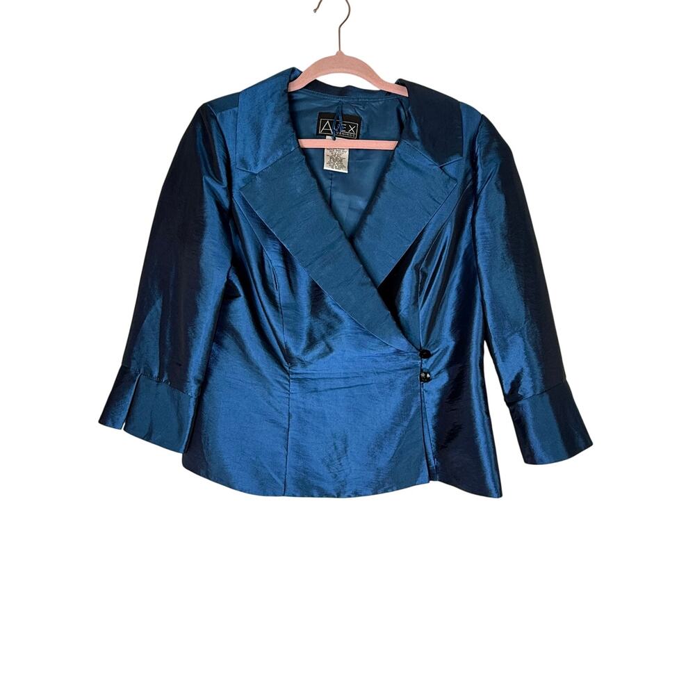 Alex Evenings Shimmering Blue Torquiose Formal Double Breast Blazer Jacket Large